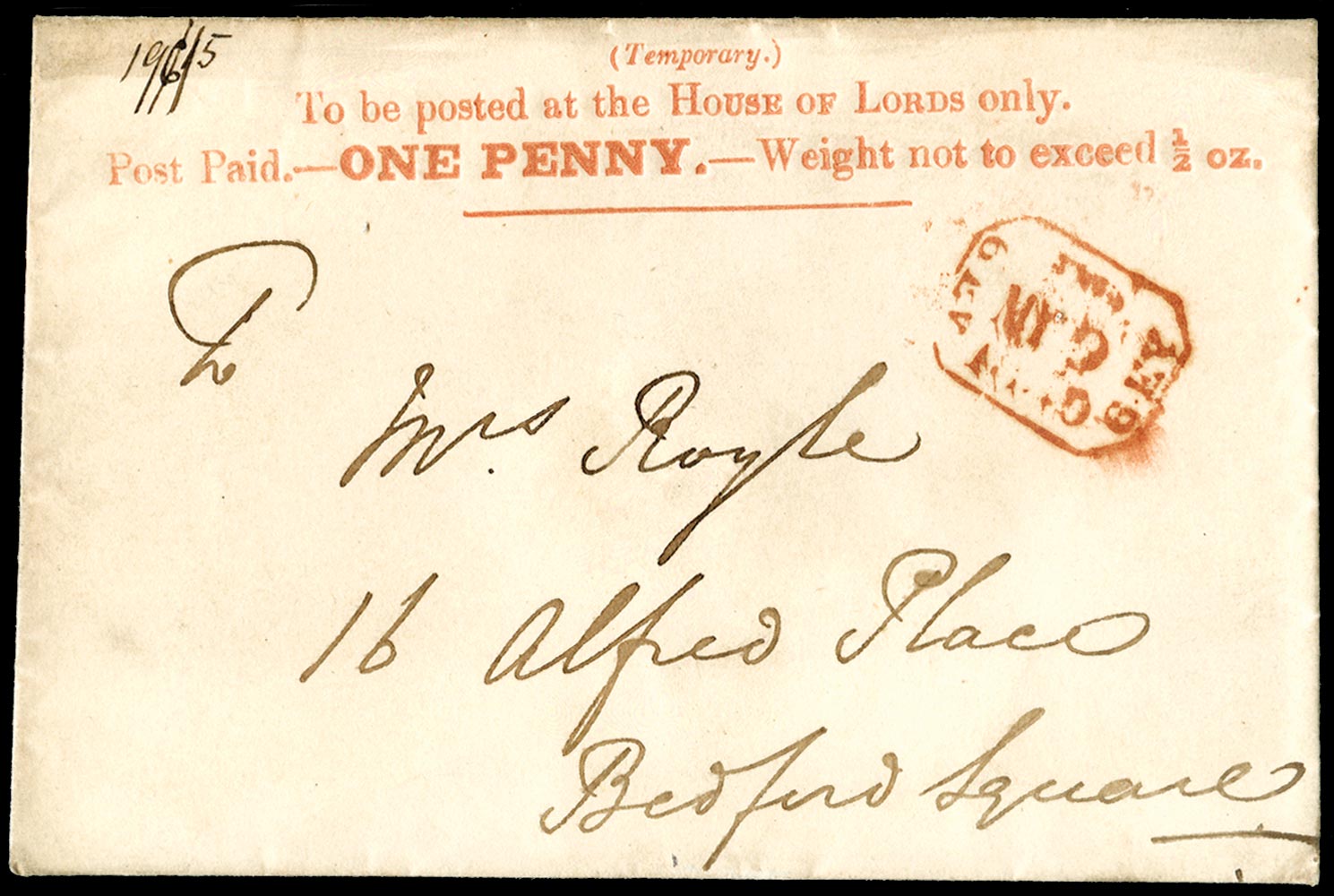 GB 1840  SGPE5 Pre-Stamp 1d "House of Lords" Envelope