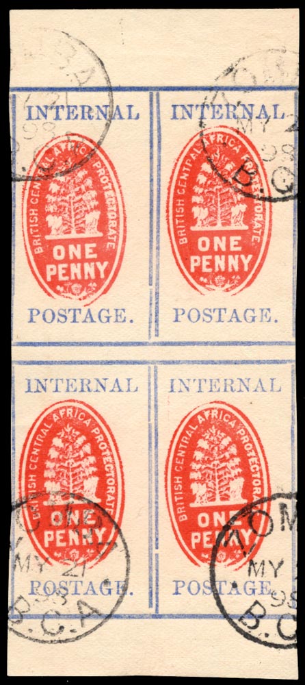 Nyasaland SG 55b used 1898 'Cheque Stamp' 1d vermilion and pale ultramarine, imperforate block of four with Zomba four part strikes