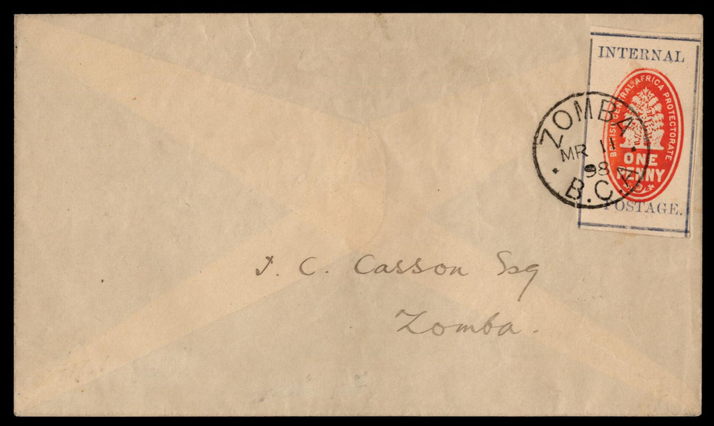 Nyasaland SG 54 cover 1898 (Mar 11) Locally addressed cover with 1d vermilion and grey-blue 'Cheque stamp'