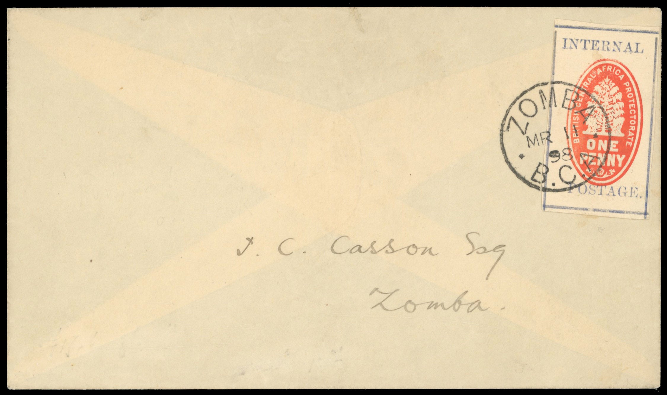 Nyasaland SG 54 cover 1898 (Mar 11) Locally addressed cover with 1d vermilion and grey-blue 'Cheque stamp'