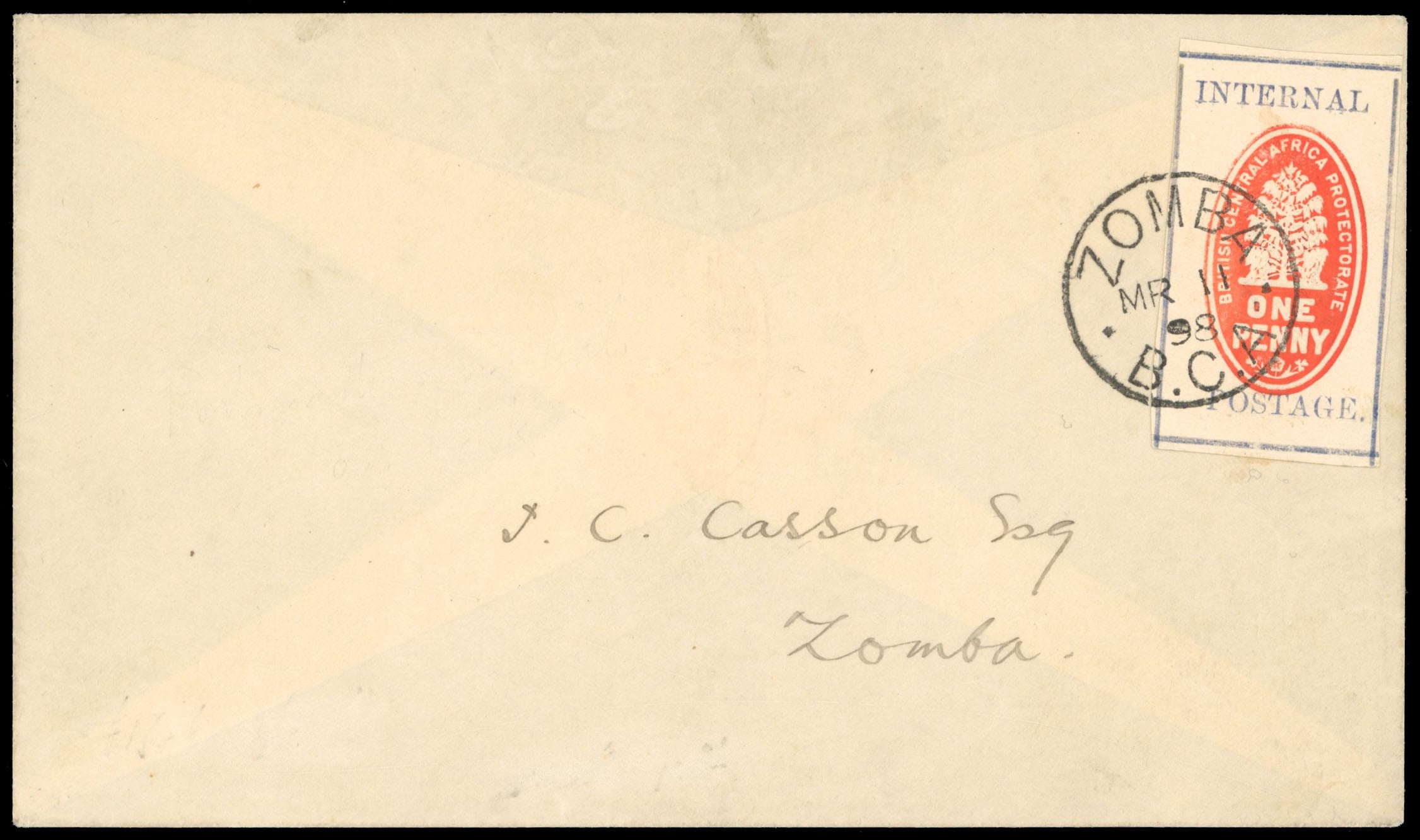 Nyasaland SG 54 cover 1898 (Mar 11) Locally addressed cover with 1d vermilion and grey-blue 'Cheque stamp'