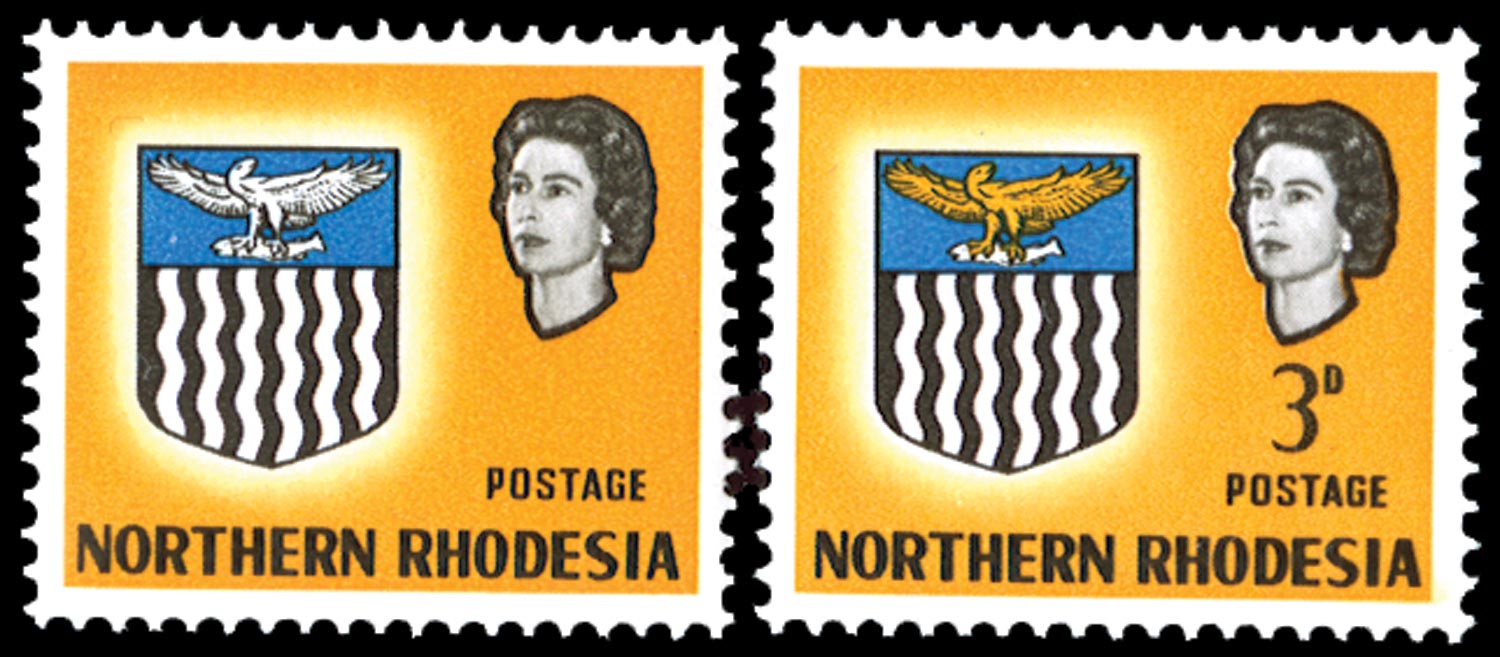 Northern Rhodesia SG 78b mint 1963 Arms 3d yellow, error VALUE AND ORANGE (EAGLE) OMITTED