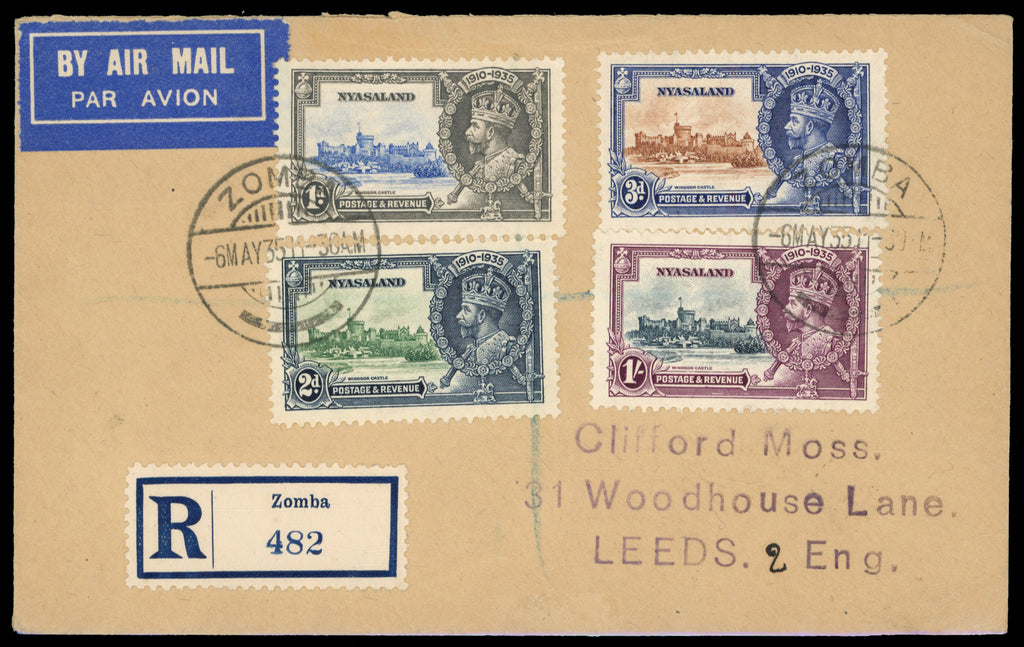 Nyasaland SG 123/26 cover 1935 (6 May) registered airmail 'Clifford Moss' cover from Zomba to Leeds
