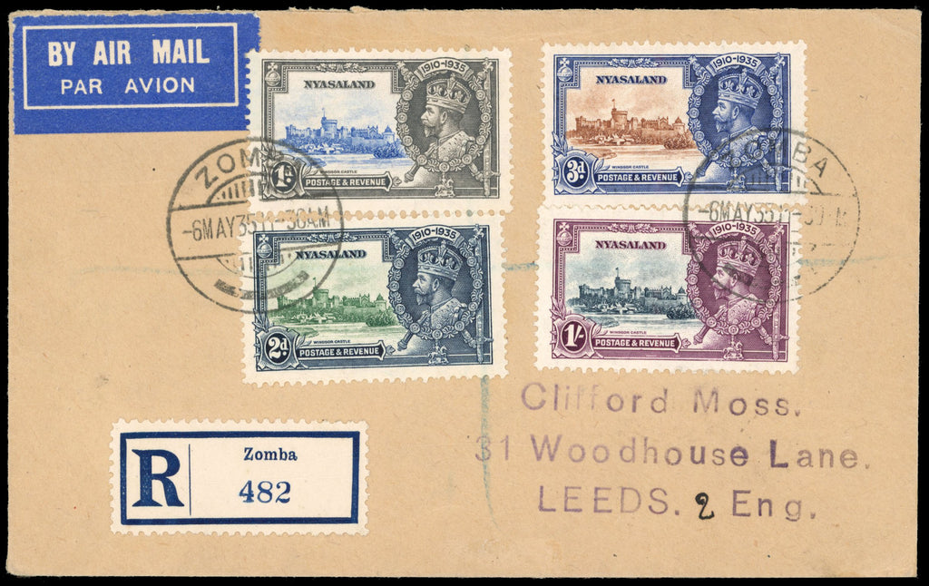 Nyasaland SG 123/26 cover 1935 (6 May) registered airmail 'Clifford Moss' cover from Zomba to Leeds