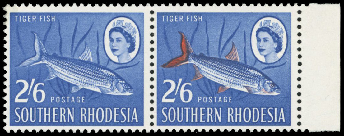 Southern Rhodesia SG 102/a mint 1964 2s6d ultramarine and vermilion, right marginal horizontal pair, left stamp ERROR VERMILION OMITTED