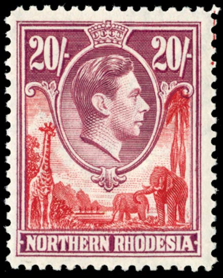 Northern Rhodesia SG 45 mint 1938-52 20s carmine-red and rose-purple, unmounted