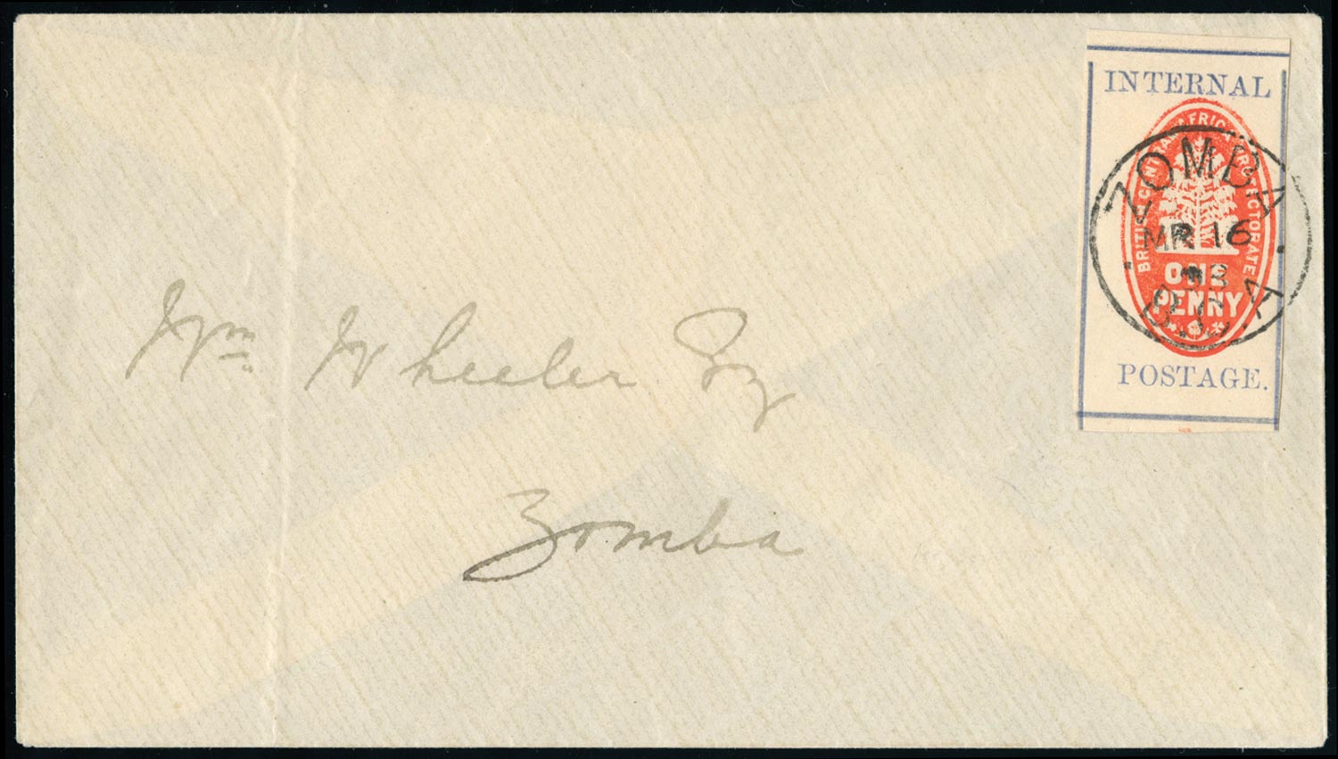 Nyasaland SG 54 cover 1898 (Mar) locally addressed cover to 'Wm Wheeler Esq, Zomba