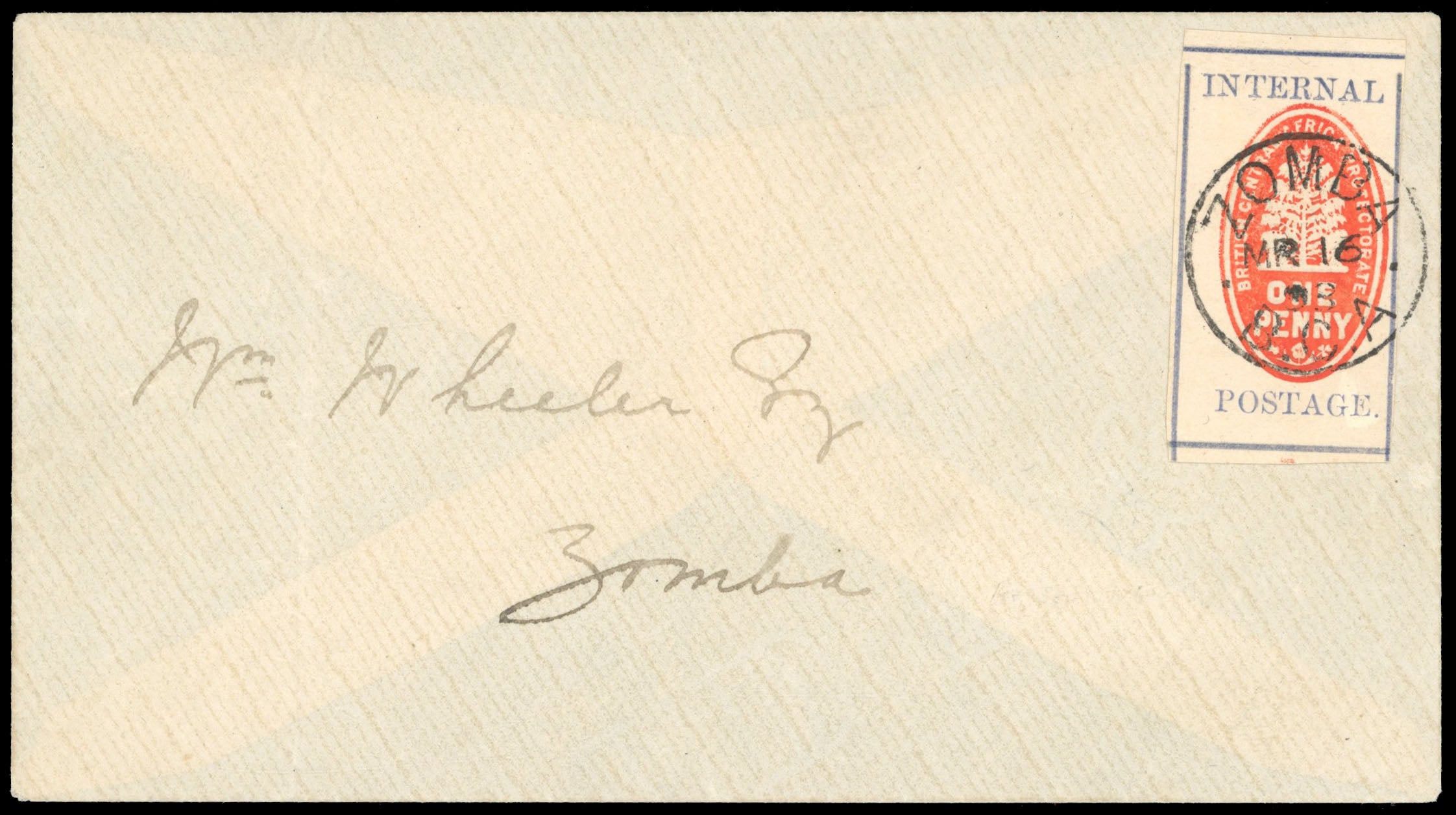 Nyasaland SG 54 cover 1898 (Mar) locally addressed cover to 'Wm Wheeler Esq, Zomba