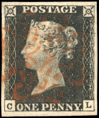 Great Britain SG 2 Pl.4 Used 1840 1d black with Wooton-Under-Edge Maltese Cross in red
