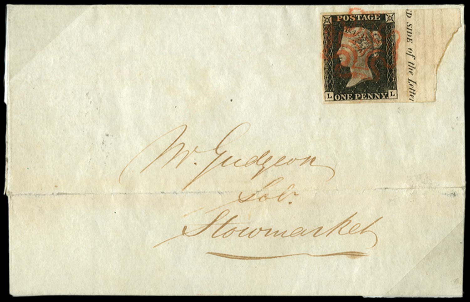 GB 1840  SG2 Pl.5 Penny Black marginal on cover