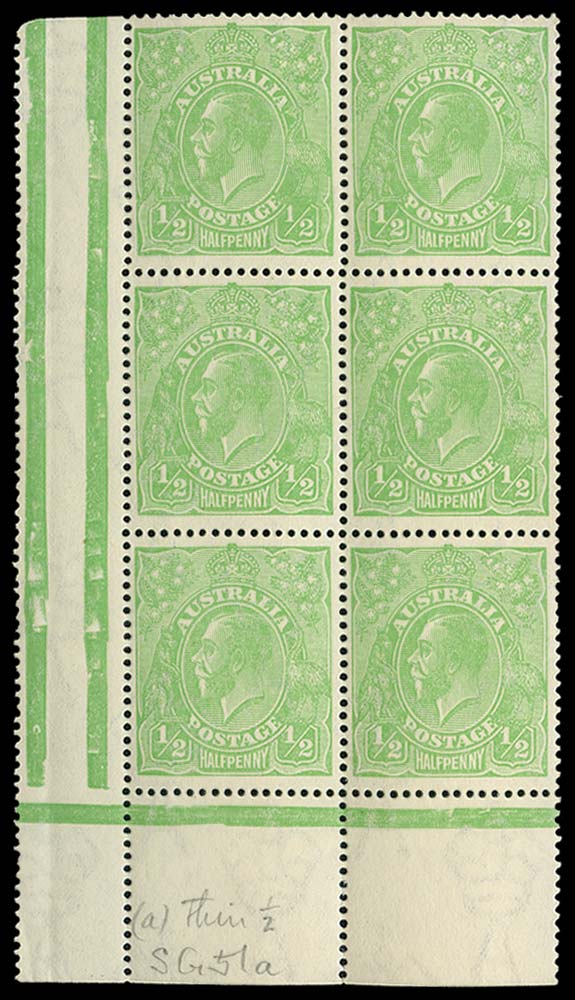 AUSTRALIA 1918  SG48/a Mint KGV &frac12;d green variety Thin 1 in fraction