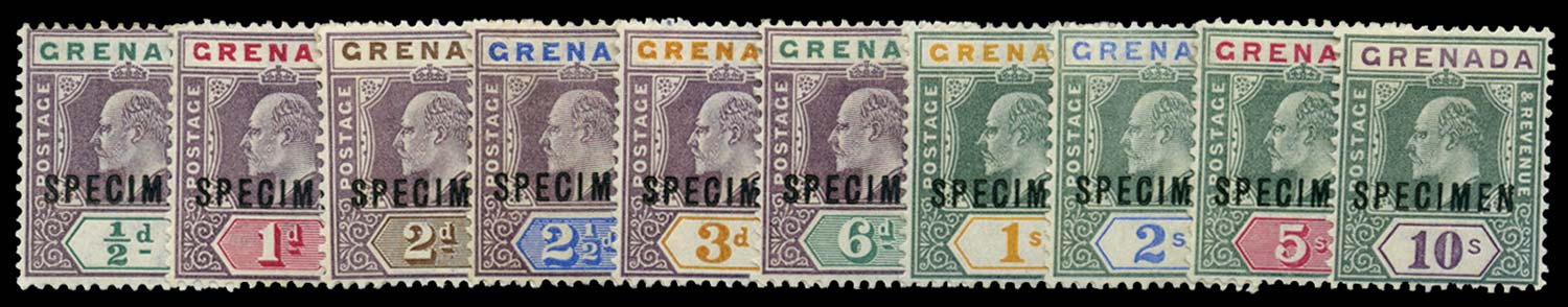 GRENADA 1902  SG57s/66s Specimen KEVII set of 10 to 10s watermark Crown CA