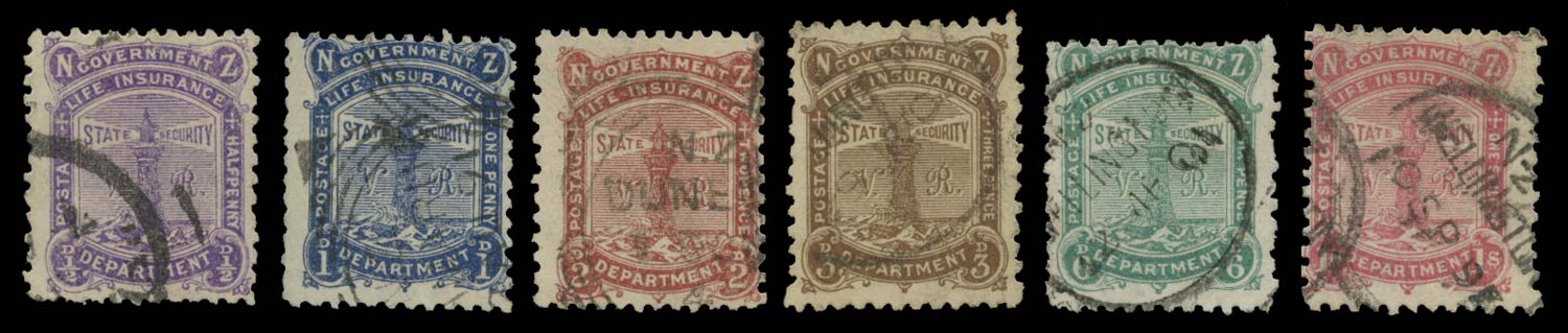 NEW ZEALAND 1891  SGL1/6 Used Life Insurance Lighthouse set of 6 to 1s perf 12x11&frac12;