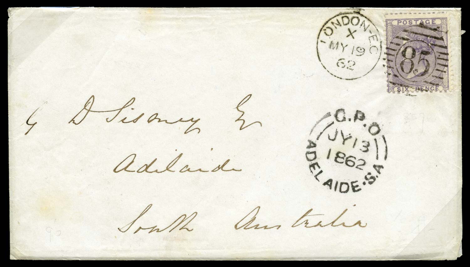 GB 1862  SG68 Cover to Adelaide S.A.
