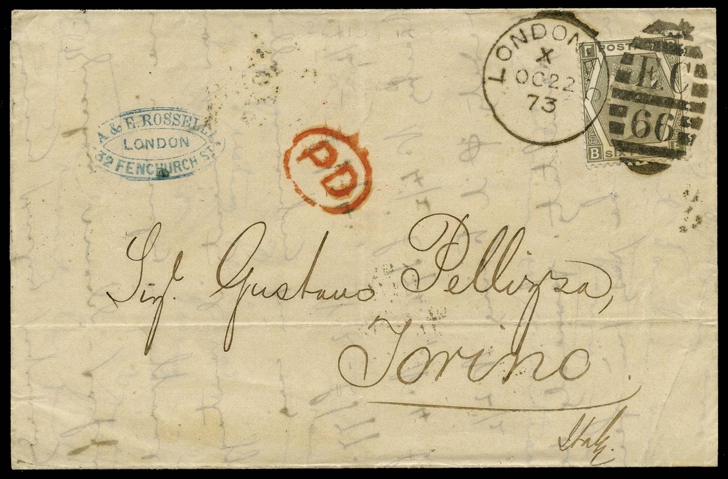GB 1873  SG125 Pl.12 Cover London to Torino