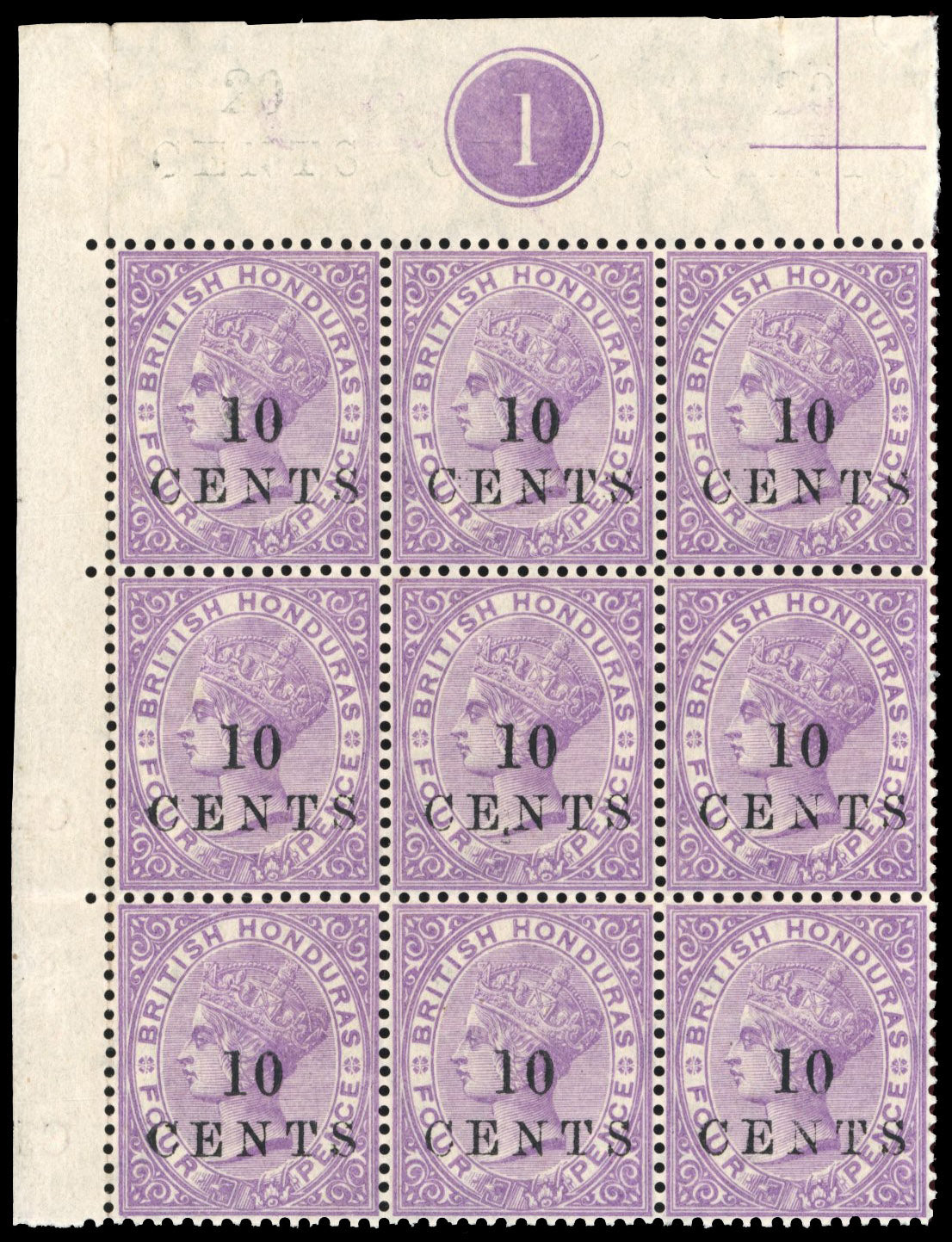 British Honduras SG 28 Mint 1888 10c on 4d mauve plate block of 9