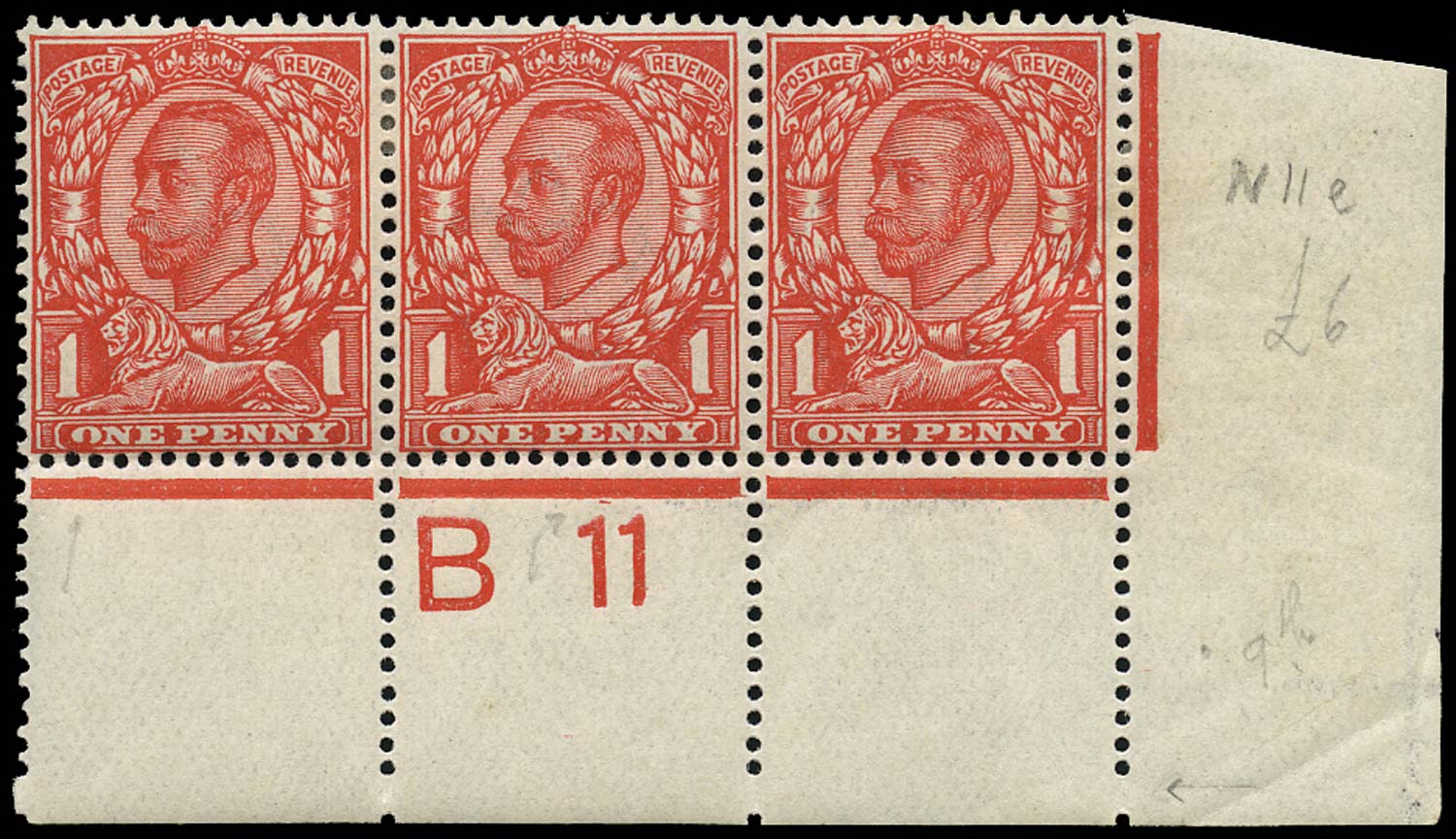 GB 1912  SG342var Mint Control B11 strip & variety