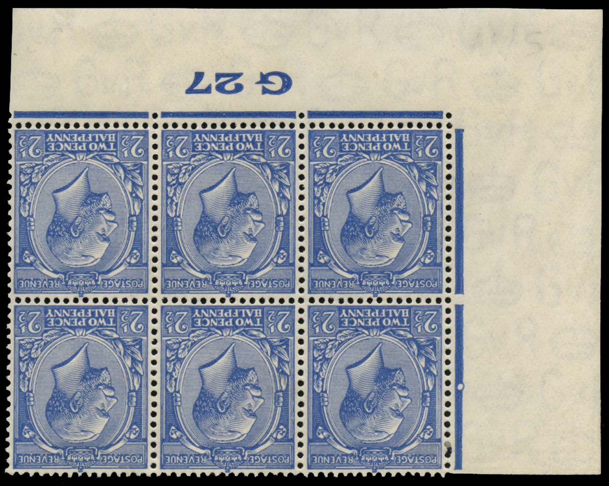 GB 1927  SG422wi Mint watermark inverted G27 control block