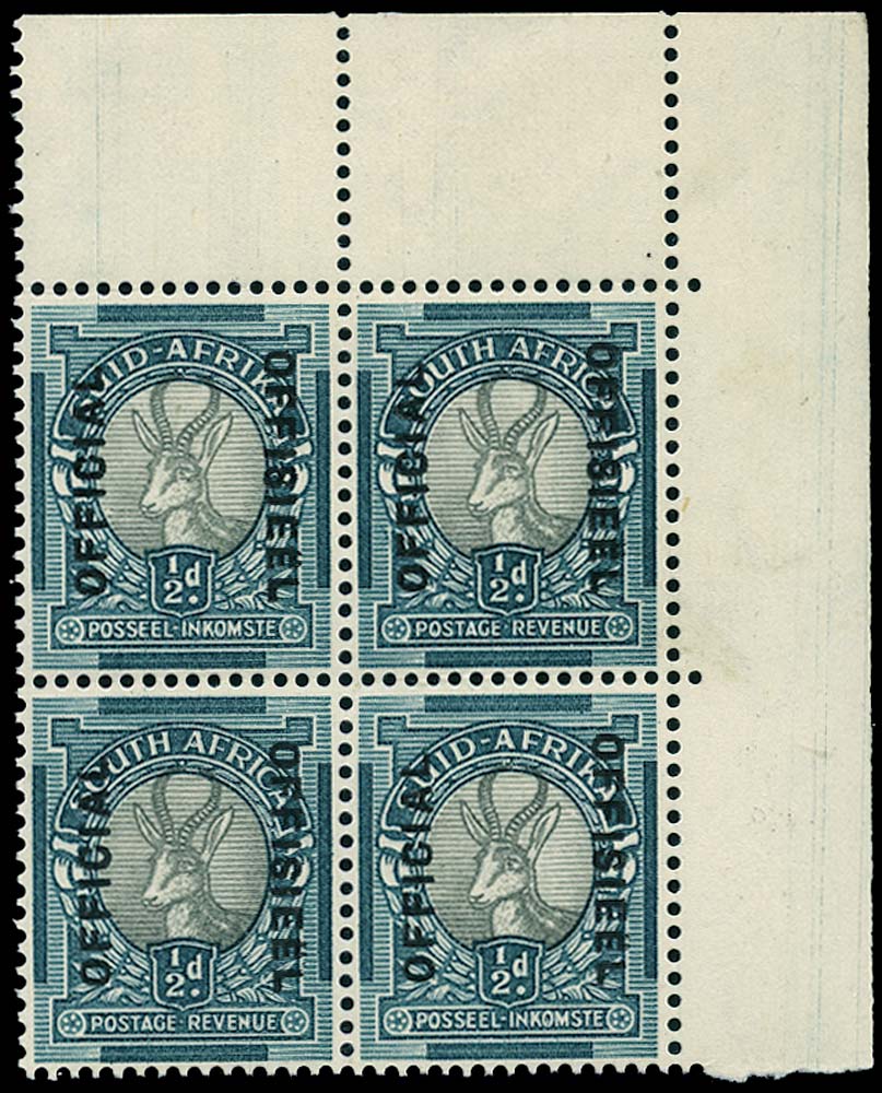 SOUTH AFRICA 1944  SGO32 Official &frac12;d grey and blue-green type O5 overprint