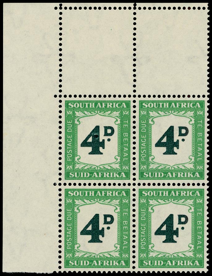 SOUTH AFRICA 1950  SGD42a Postage Due 4d deep myrtle-green and emerald variety Major retouch unmounted mint
