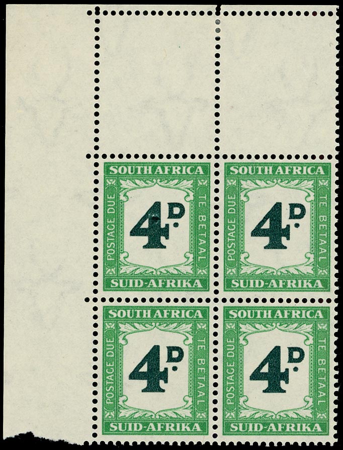 SOUTH AFRICA 1950  SGD42a Postage Due 4d deep myrtle-green and emerald variety Major retouch unmounted mint