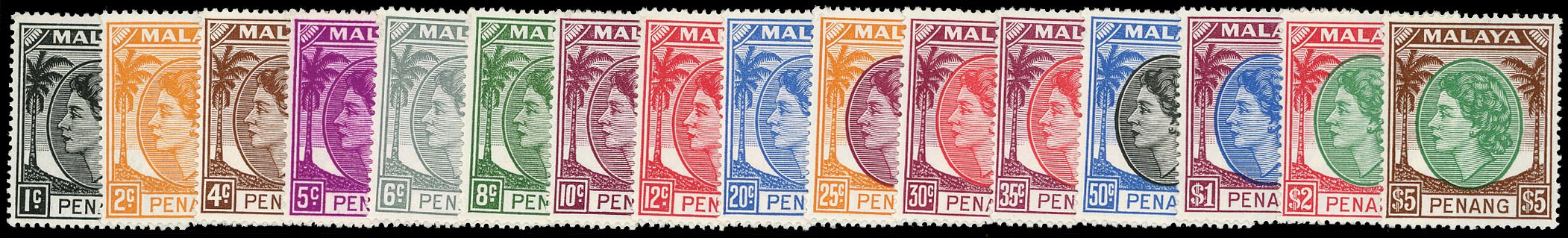 MALAYA - PENANG 1954  SG28/43 Mint unmounted QEII set of 16 to $5