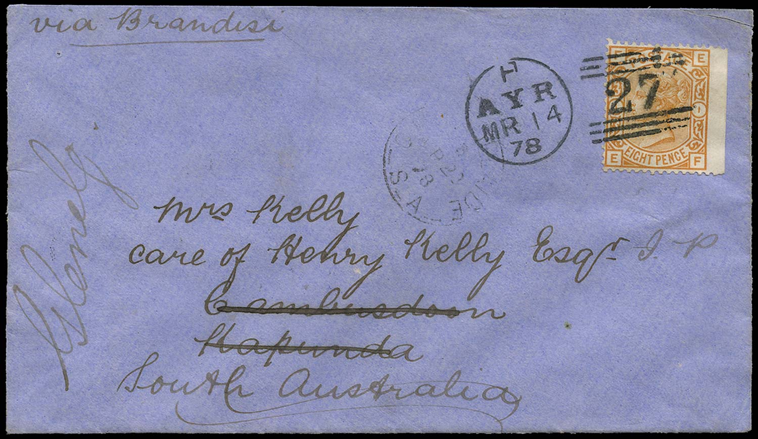 GB 1878  SG156 Cover to Cambusdoon, Kapunda, South Australia