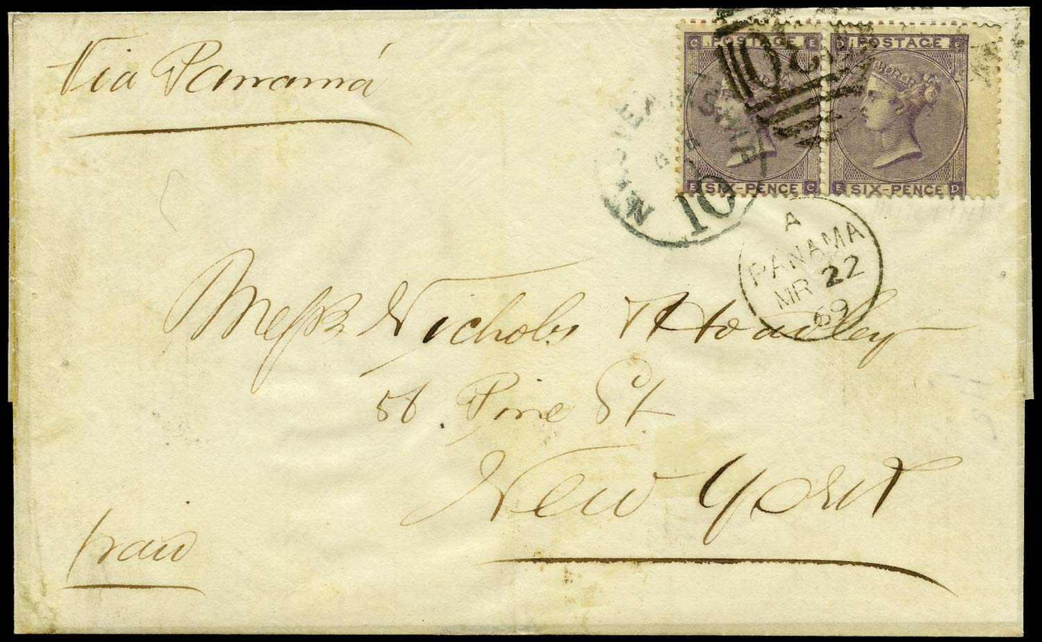 GB 1869  SG85 Pl.4 Cover Valparaiso to New York