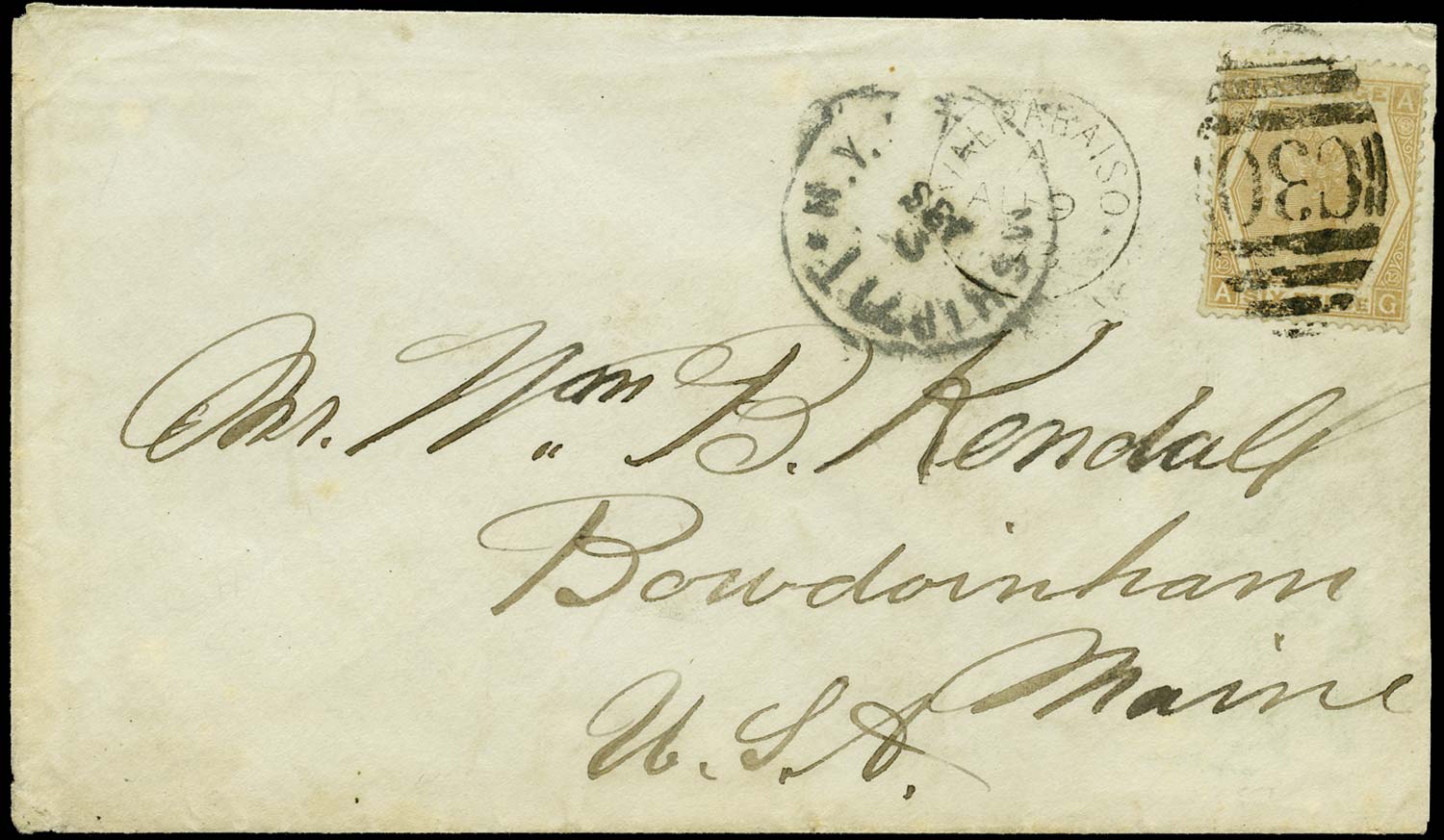 GB 1873  SG123 Cover Valparaiso "C30" numeral