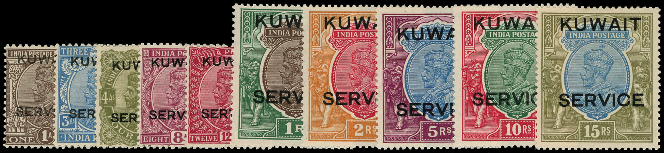 KUWAIT 1929  SGO16, O19/O27 Official KGV part set of 10 to 15r watermark multiple stars