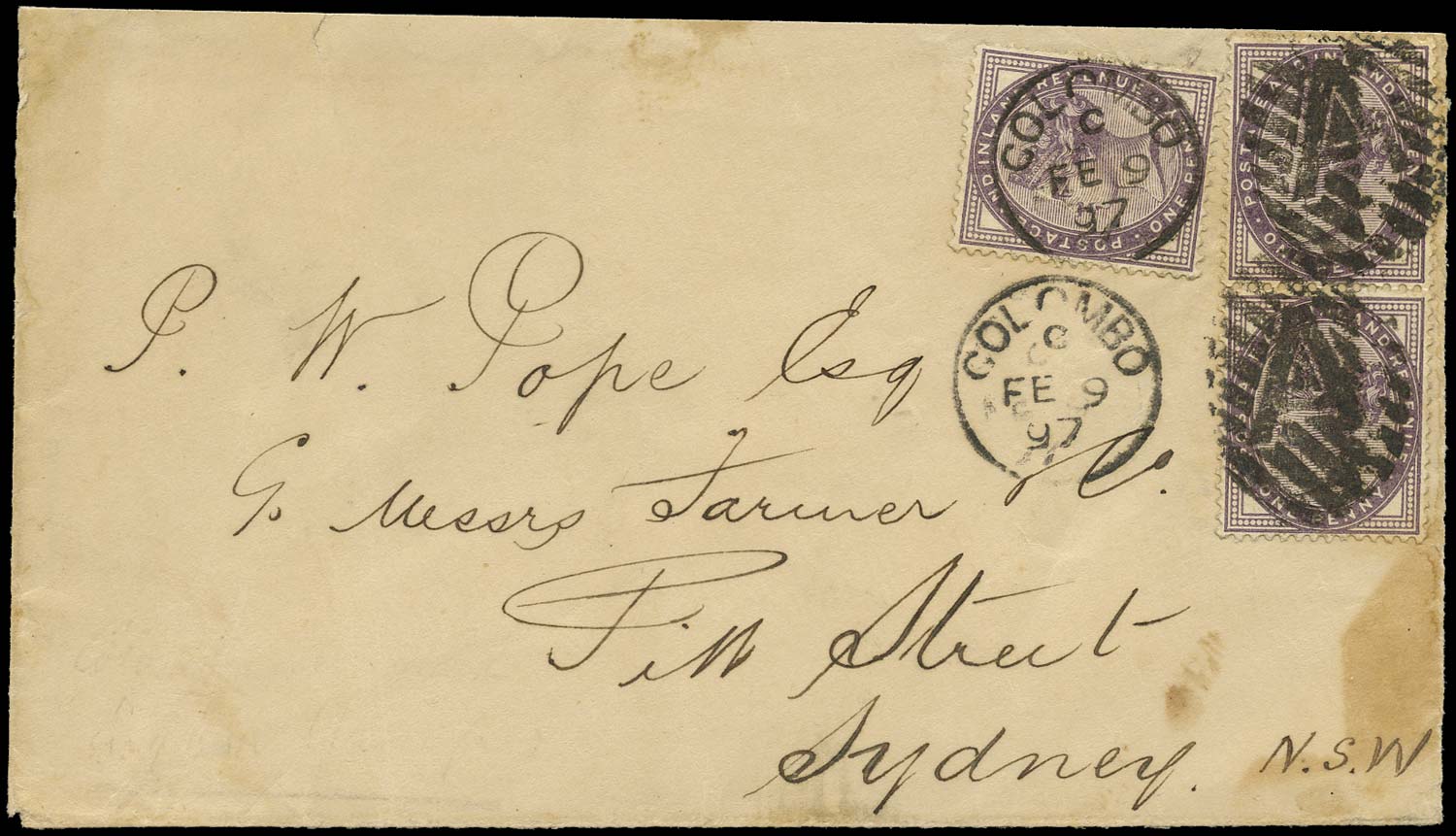 GB 1897  SG172 Cover Colombo, Ceylon to Sydney, Aus