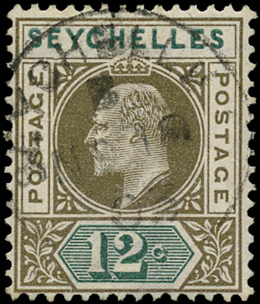 SEYCHELLES 1903  SG49a Used 12c watermark CA variety Dented frame