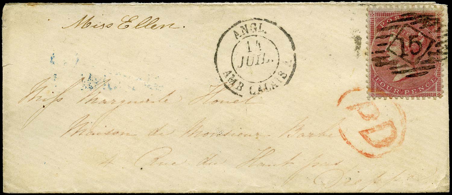 GB 1857  SG62 Cover London to Dieppe, France