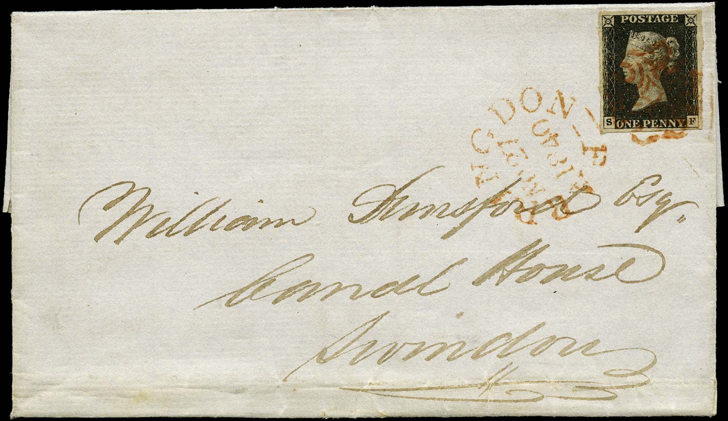 GB 1840  SG2 Pl.1b Penny Black Cover Farringdon to Swindon