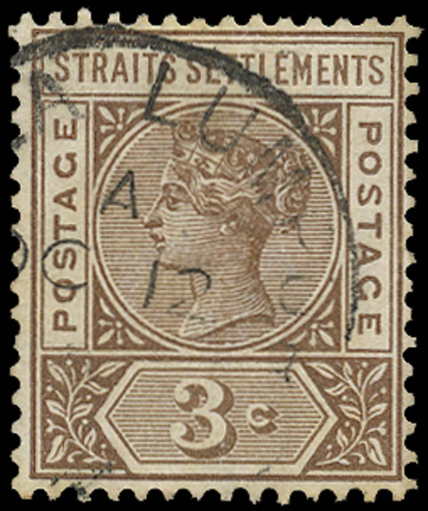 MALAYA - STRAITS 1892  SG97a Used 3c brown variety Repaired S