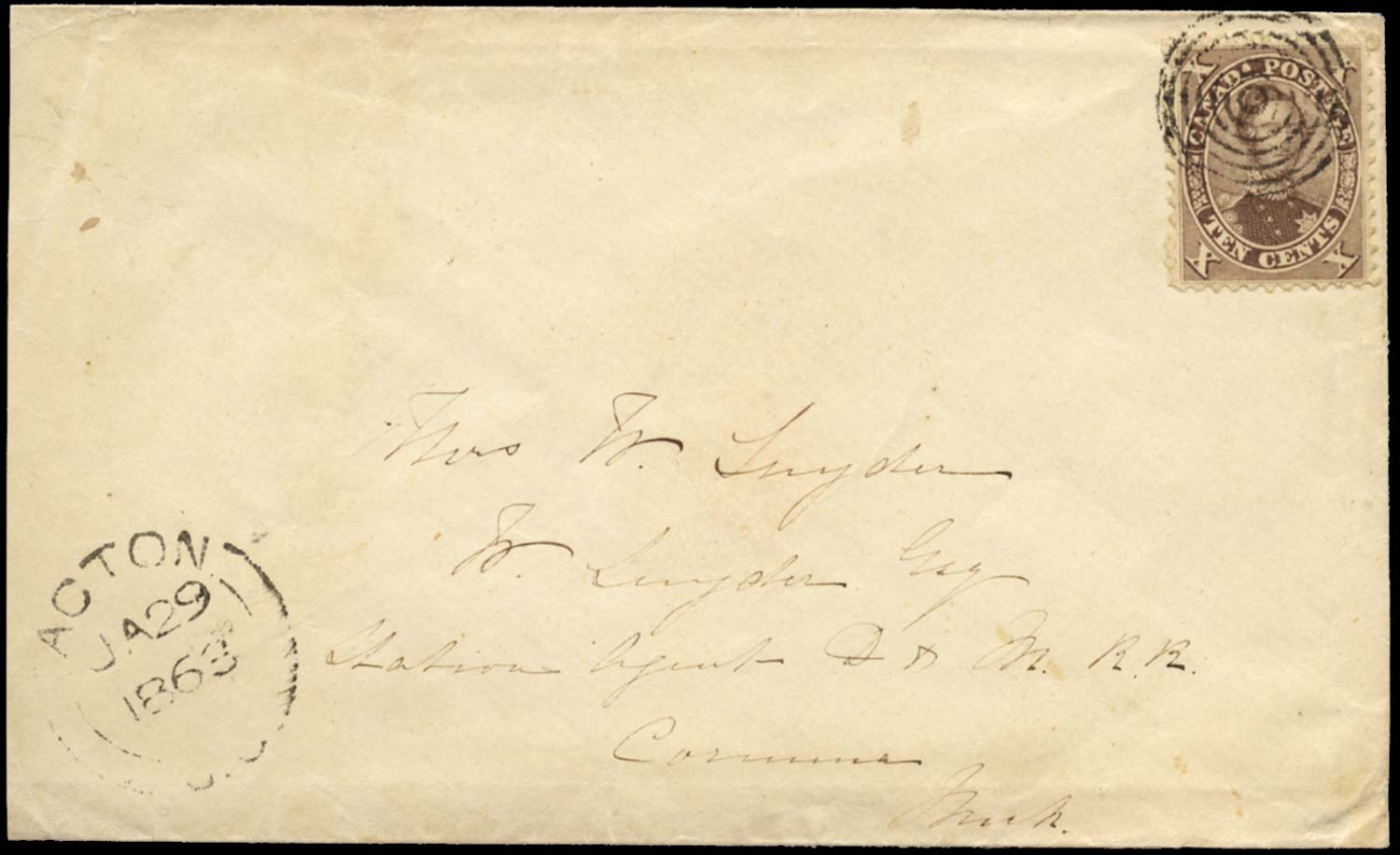 CANADA 1860  SG36 Cover to USA franked 10c brownish purple