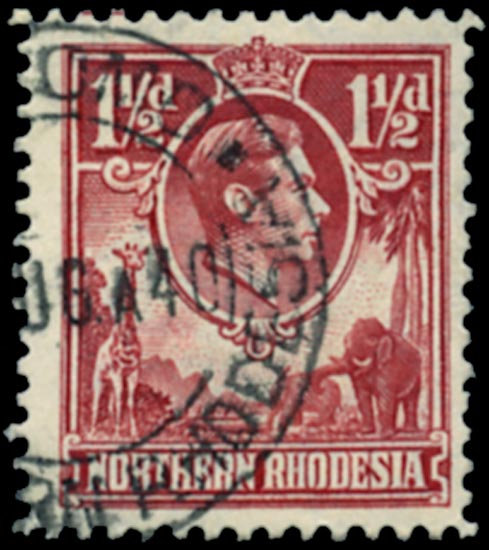 NORTHERN RHODESIA 1938  SG29b Used 1&frac12;d carmine-red Tick Bird flaw
