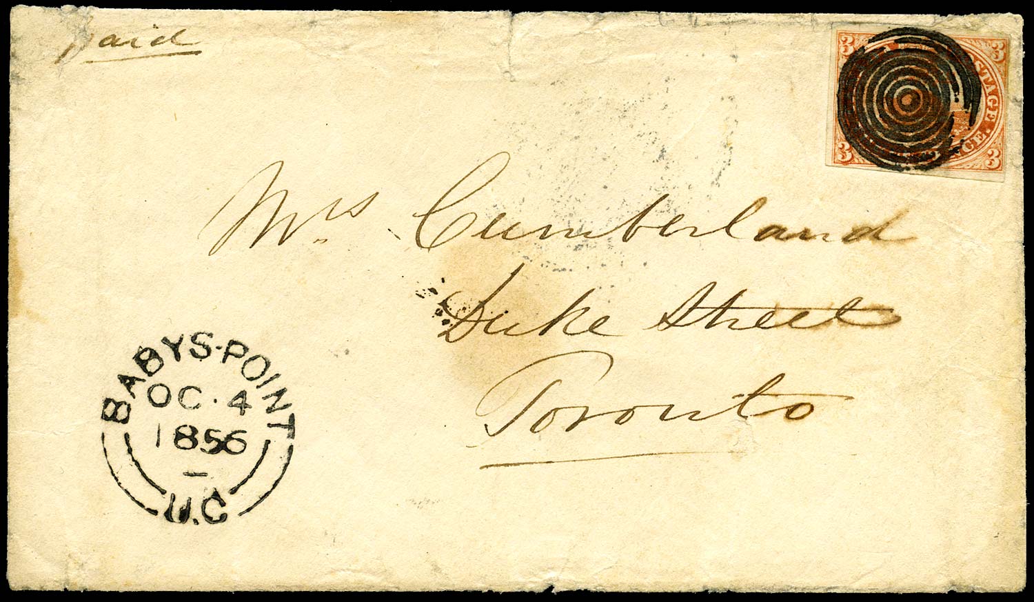 CANADA 1856  SG8 var Cover from Babys Point with 3d Beaver major re-entry