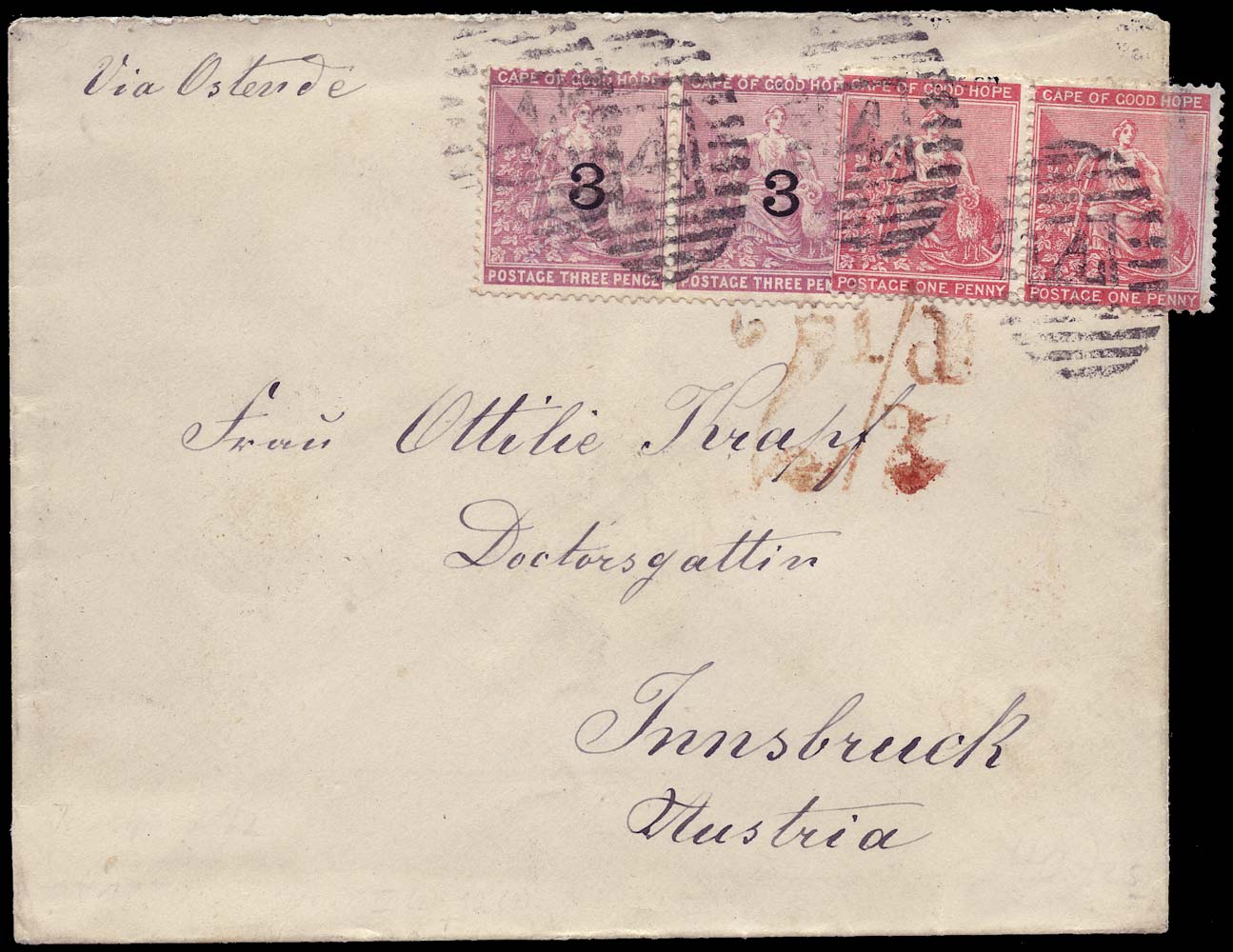 CAPE OF GOOD HOPE 1880  SG29, 37 Cover from King Williams Town to Austria