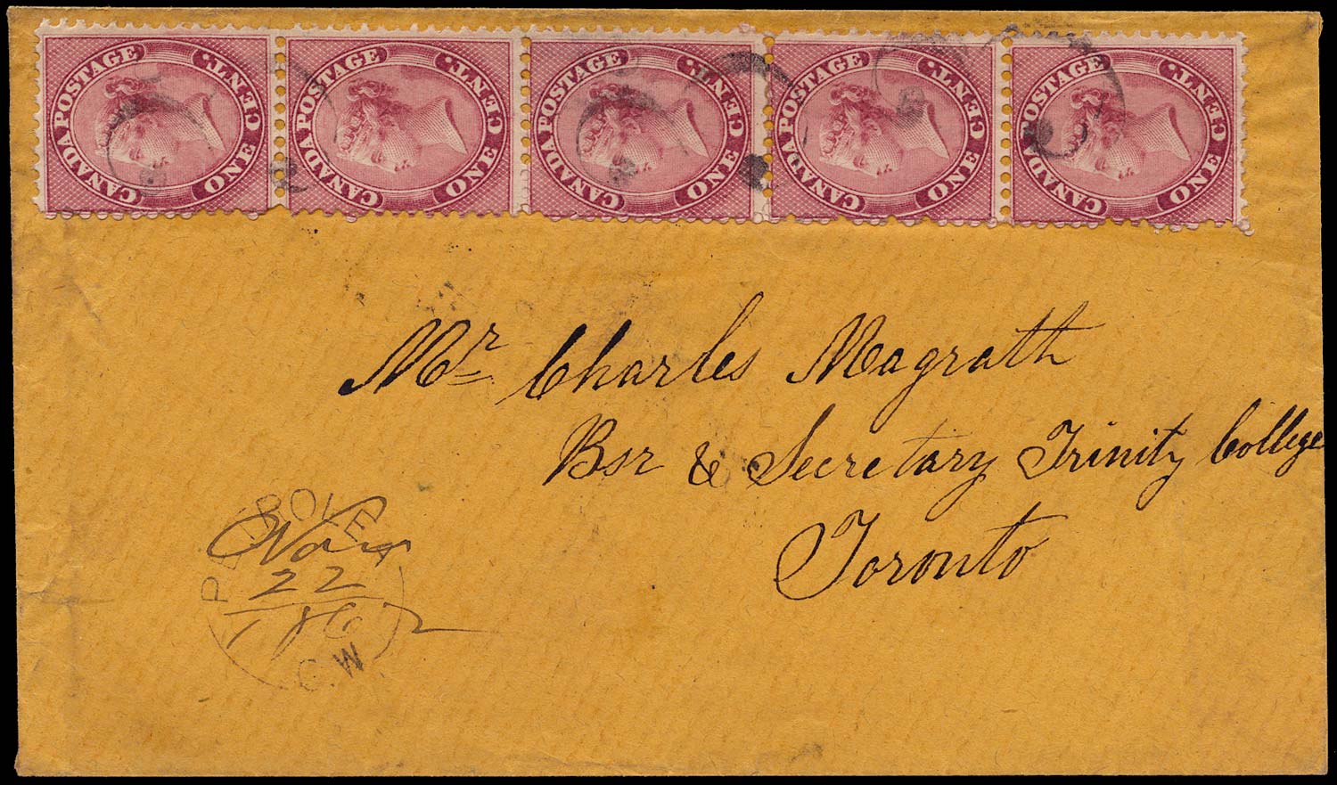 CANADA 1862  SG30 Cover from Petrolea to Toronto with 1c strip of 5