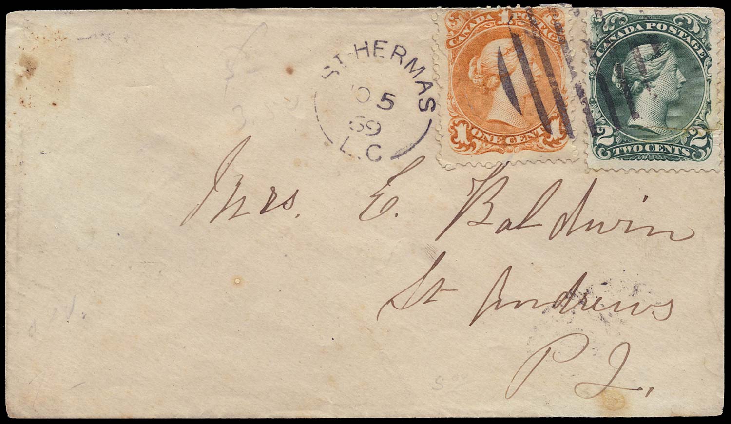 CANADA 1869  SG56a, 57 Cover from St Hermas to St Andrews with LQ 1c + 2c