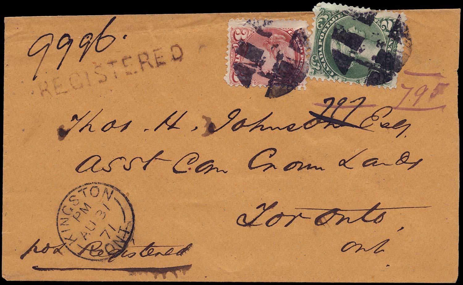 CANADA 1871  SG57, 80 Cover registered from Kingston to Toronto