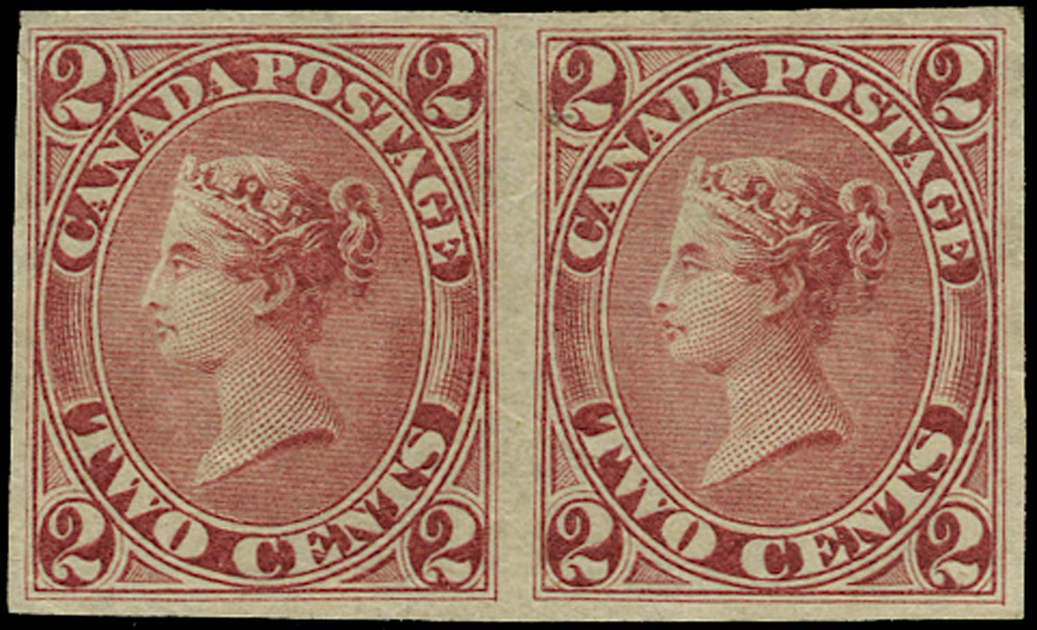 CANADA 1864  SG44 Proof 2c claret imperforate horizontal pair