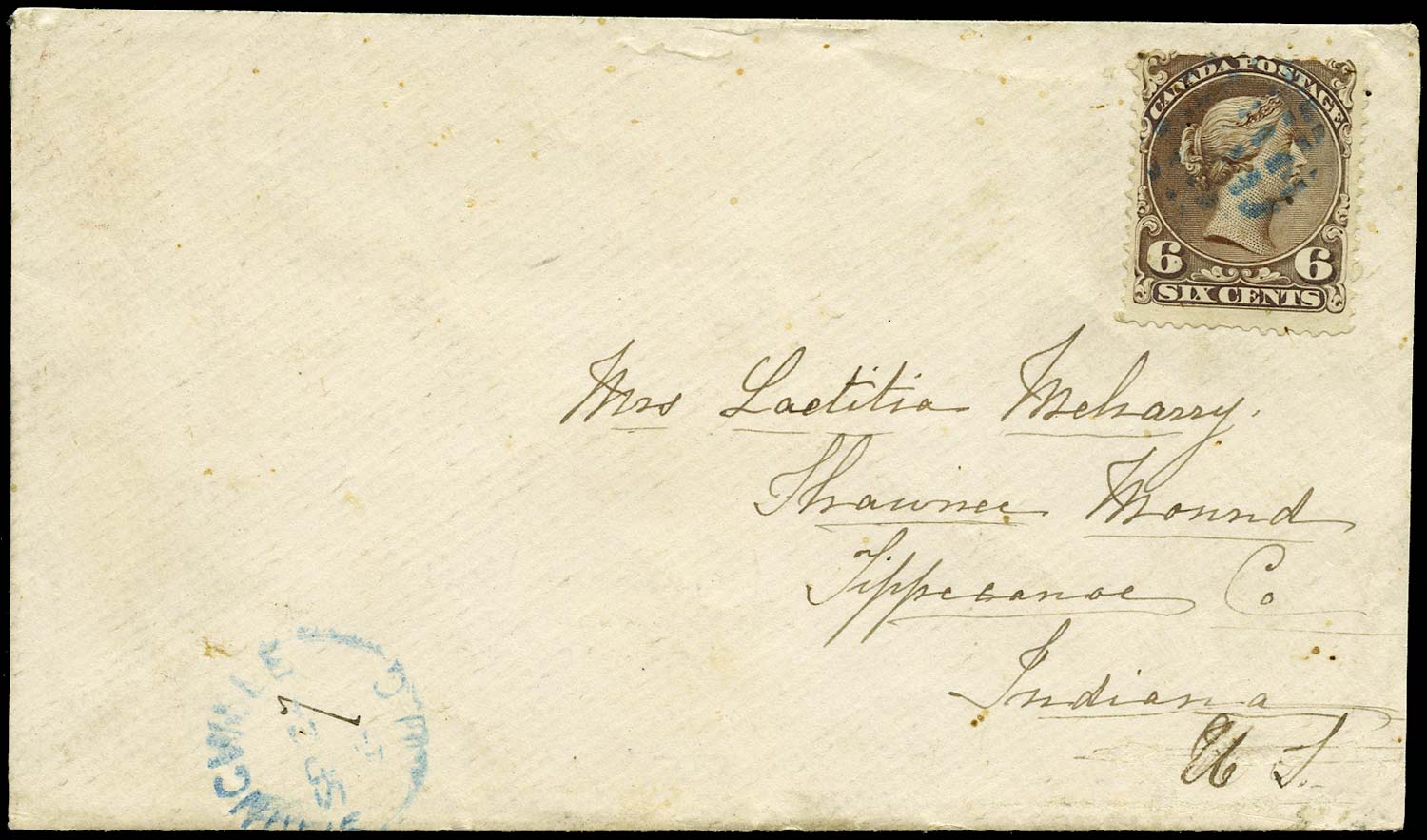 CANADA 1869  SG59 Cover from Springvale to Indiana with Large Queen 6c