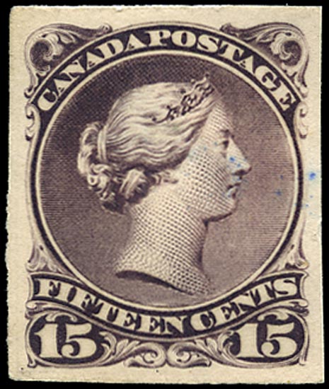 CANADA 1868  SG52 Proof of Large Queen 15c in deep reddish purple