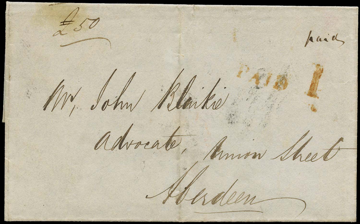 GB 1840 Pre-Stamp Uniform Penny Post Auchenblae to Aberdeen