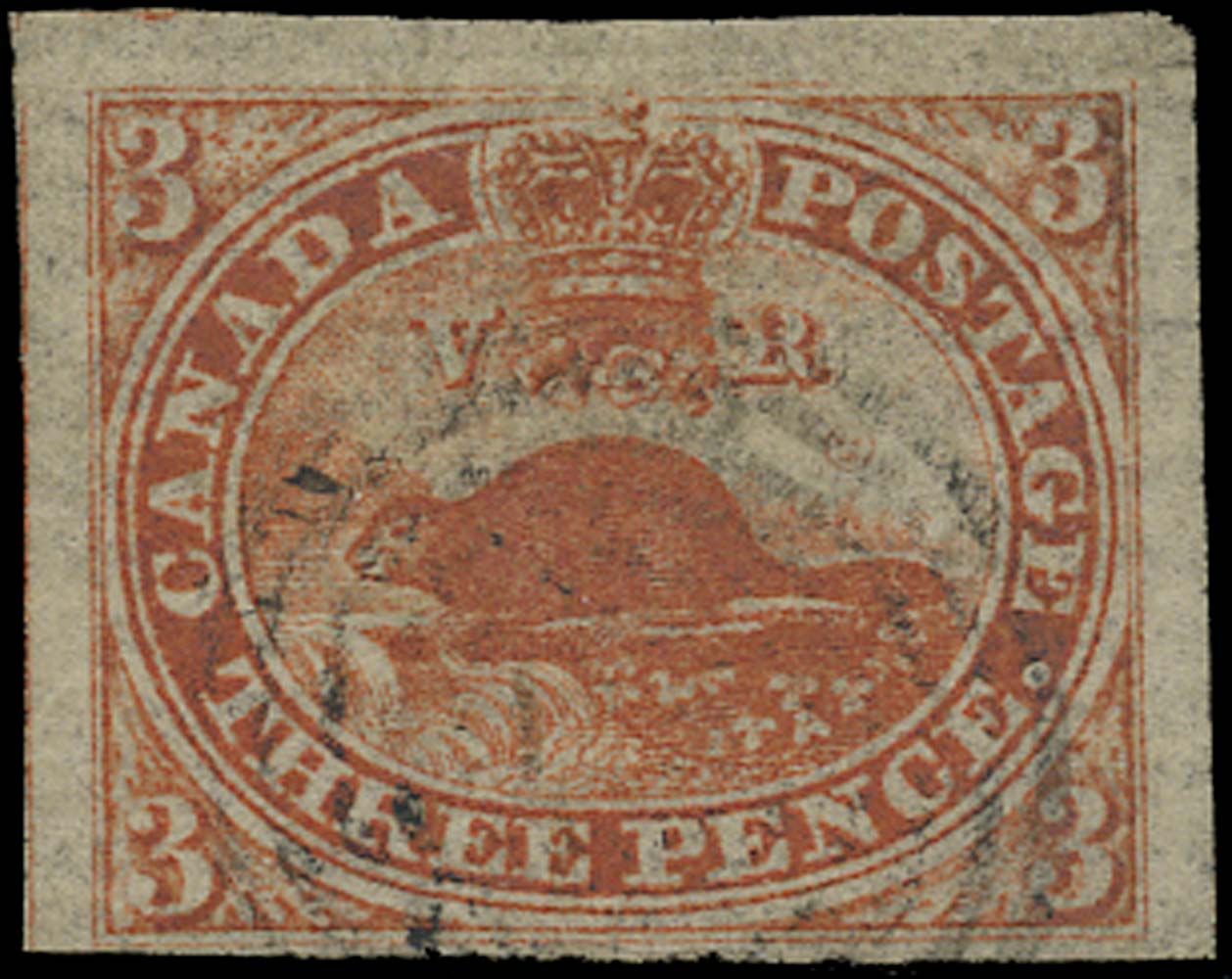 CANADA 1851  SG1a Used 3d orange-vermilion Beaver on Laid paper