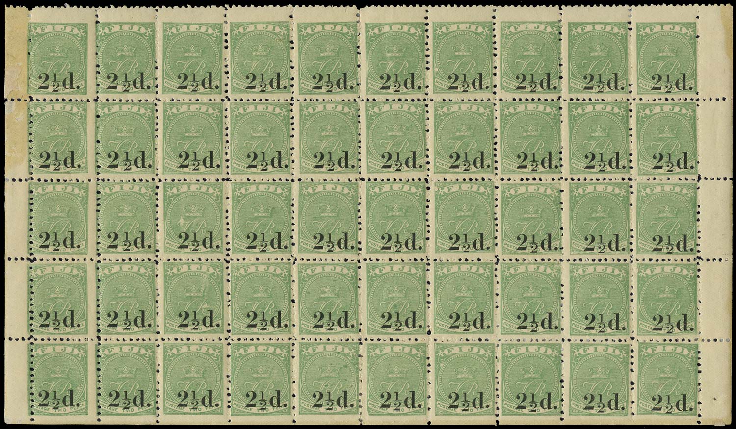 FIJI 1891  SG70, 71 Mint 2&frac12;d on 2d green complete pane of 50