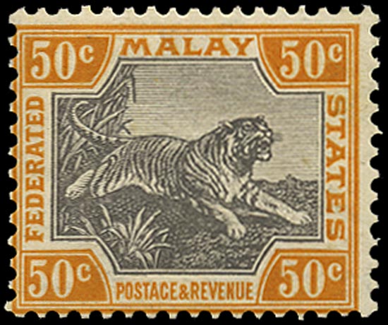 MALAYA - F.M.S. 1922  SG74aw Mint 50c Script watermark Crown to right of CA