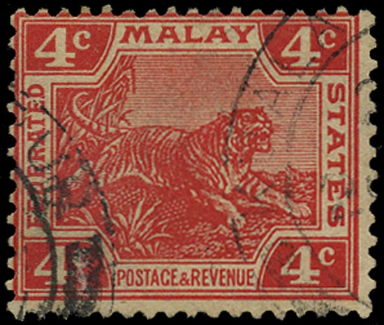 MALAYA - F.M.S. 1904  SG38b Used 4c Tiger variety watermark upright